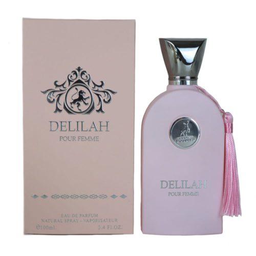 Delilah Pour Femme perfume bottle in soft pink with a silver cap and pink tassel, next to its matching pastel pink packaging featuring silver logo accents.