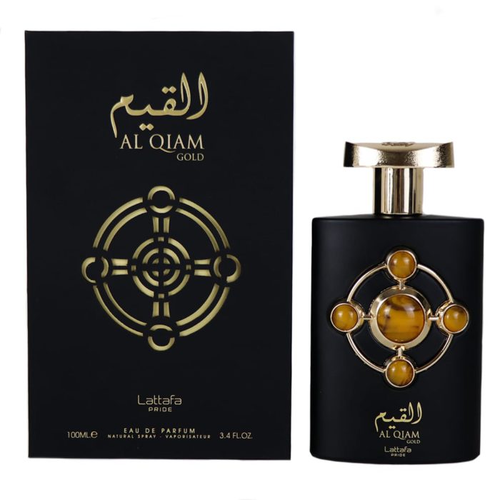Pride Al Qiam Gold perfume bottle with a matte black finish, adorned with golden circular designs and amber gemstone accents, next to its black and gold packaging.