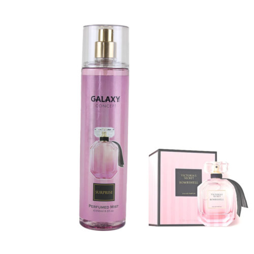 Front view of Galaxy Concept Perfumed Mist in the 'Surprise' variant. The bottle has a pink design with a decorative perfume bottle image and the product name. To the right, there is an additional image of the Victoria's Secret Bombshell perfume bottle and its packaging.