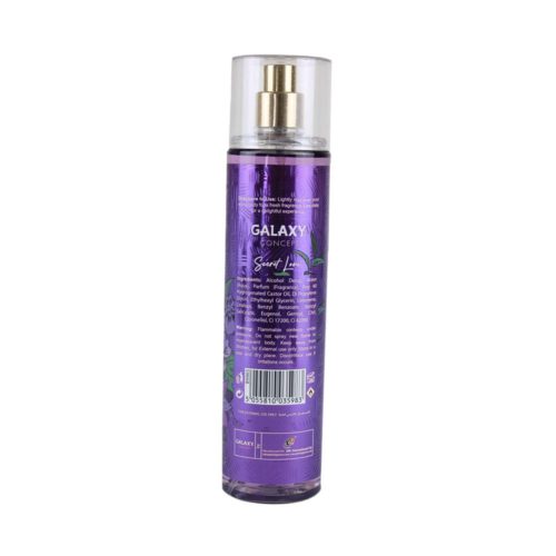 Back view of Galaxy Plus Concept Fragrances Body Mist for Women in the 'Secret Love' variant. The bottle has a purple design with product information, ingredients, and usage instructions listed on the back label.