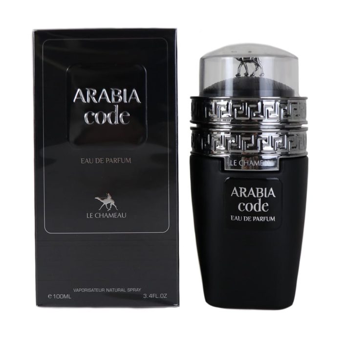 Arabia Code perfume with a matte black bottle and silver accents, alongside its matching black box featuring silver text and design elements.