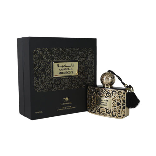 Casabella Midnight Eau de Parfum bottle by Le Chameau placed next to its box, highlighting the black and gold elegant design with a tassel and spherical cap.