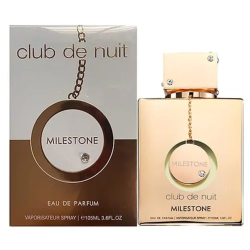 Club De Nuit Milestone Eau De Parfum by ARMAF, featuring the perfume bottle and its packaging. The bottle is gold with a decorative chain and circular emblem, and the box showcases the same circular emblem with the word 'Milestone' inside.