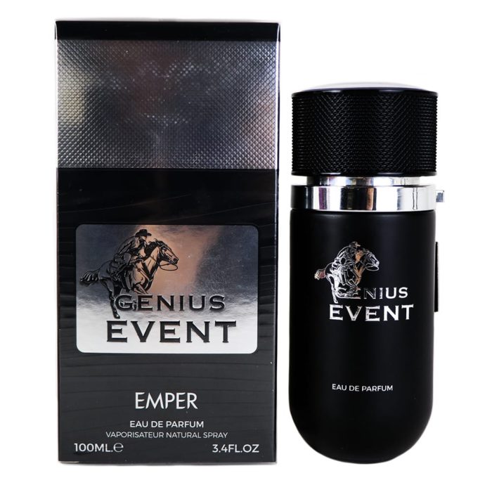 A sleek black perfume bottle with a textured cap and silver accents, placed beside its matching black packaging featuring the label "Genius Event."