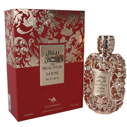 Front view of the Regal Touch La Rose Eau de Parfum by Le Chameau, showing the ornate gold-decorated bottle next to the red and gold floral box.