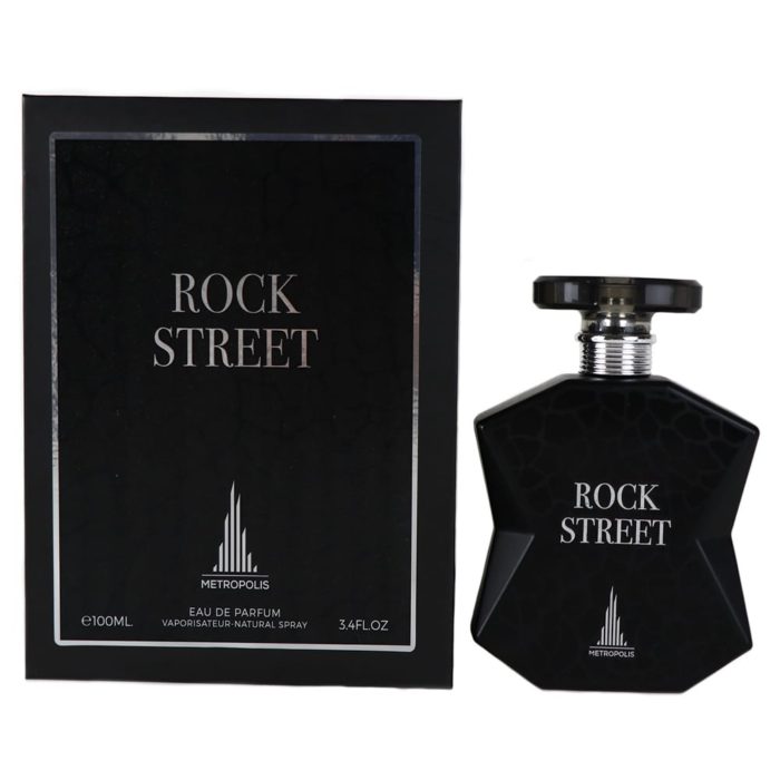 Rock Street perfume bottle in a matte black geometric design with silver accents, next to its black packaging featuring silver text and branding details.