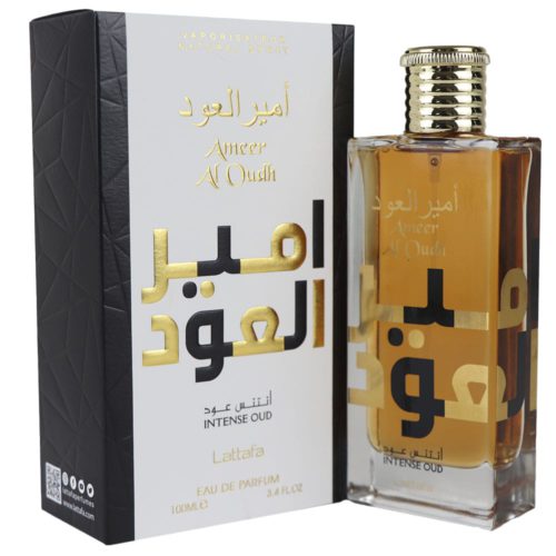 Ameer Al Oudh Intense Eau de Parfum 100ml by Lattafa, displayed with its sleek rectangular bottle and elegant white and black packaging with gold Arabic script.