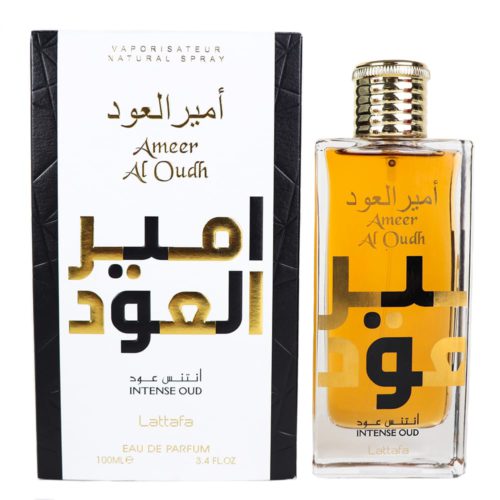 Ameer Al Oudh Intense Oud Eau de Parfum by Lattafa, featuring a rectangular glass bottle with gold accents and matching white and black packaging.