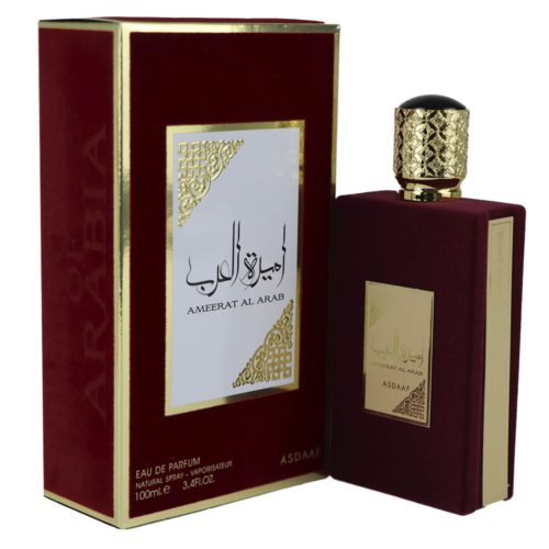 Ameerat Al Arab Eau de Parfum by Asdaaf, 100ml bottle and packaging. The bottle is deep red with gold accents and a textured gold cap, displayed next to the matching red and gold box.