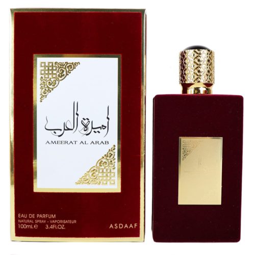 A rectangular deep red perfume bottle with a gold plaque and a textured gold cap, paired with matching red and gold packaging labeled "Ameerat Al Arab" by Asdaaf.