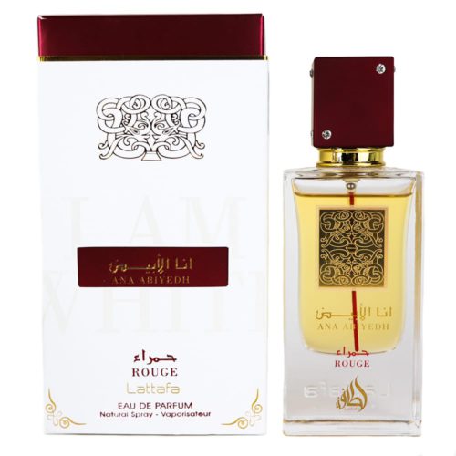 Bottle of Ana Abiyedh Rouge Eau de Parfum by Lattafa, 60ml, with gold details and a red cap, displayed next to its elegant white box.