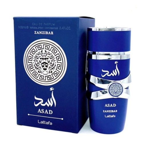 Lattafa Asad Zanzibar Eau de Parfum for Men, 100 ml, featuring a bold blue bottle with silver accents, alongside the matching blue box with intricate lion emblem design.