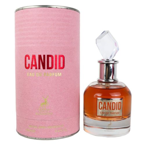 Candid Eau de Parfum by Maison Alhambra, featuring an elegant amber-toned perfume bottle with a crystal-shaped cap, paired with a pink cylindrical box.