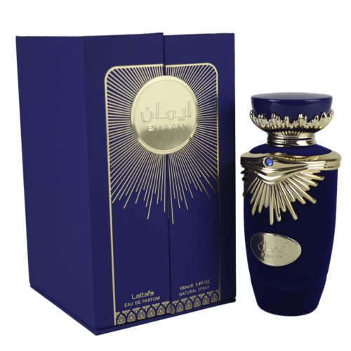 Emaan Eau de Parfum by Lattafa, featuring a luxurious blue bottle with gold accents and a matching blue box with a golden emblem.