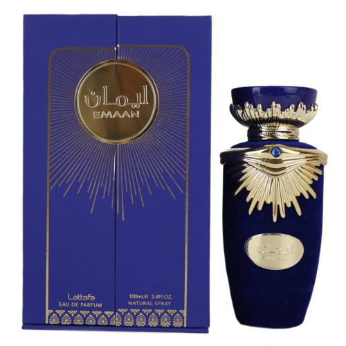 A luxurious blue velvet perfume bottle with intricate gold accents and a jewel embellishment, paired with matching blue and gold packaging labeled "Emaan" by Lattafa.