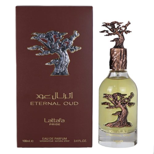 A clear perfume bottle filled with golden liquid, featuring a sculpted bronze tree design and cap, paired with brown packaging labeled "Eternal Oud" by Lattafa Pride.