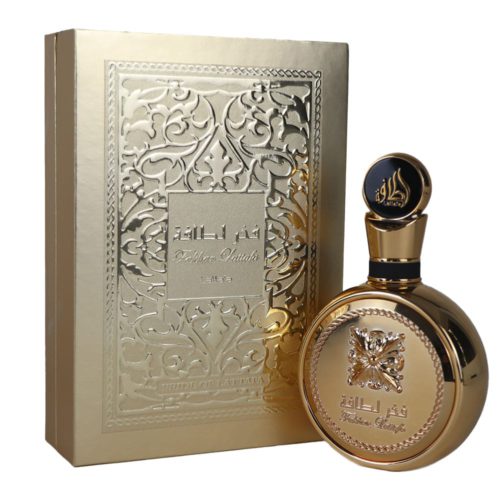 Fakhar Extrait Eau de Parfum by Lattafa, 100ml, unisex fragrance. The bottle is gold with intricate designs, displayed next to the gold embossed packaging.