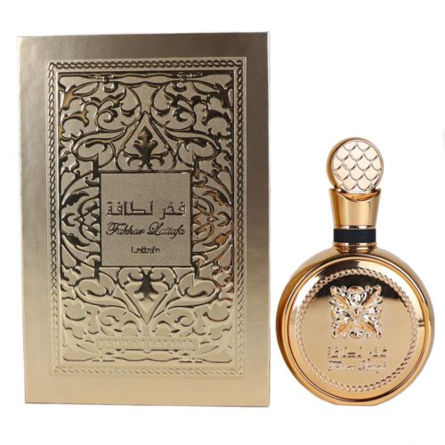 Fakhar Lattafa Eau de Parfum, featuring a luxurious golden perfume bottle with intricate detailing, placed next to an ornate gold-embossed packaging box.