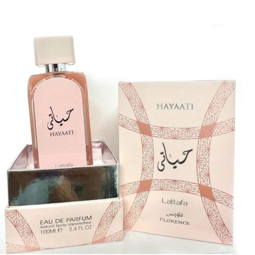 Hayaati Florence Eau de Parfum by Lattafa, 100ml bottle and box in soft pink with elegant Arabic script and geometric patterns, displayed in an open box.