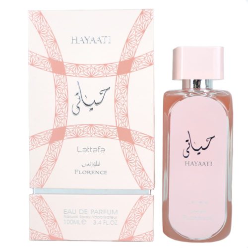 A stylish bottle of Hayaati Florence Eau de Parfum by Lattafa, featuring a pastel pink design. The perfume is displayed alongside its elegant white and pink box, which showcases intricate patterns and brand details in a delicate, luxurious style.