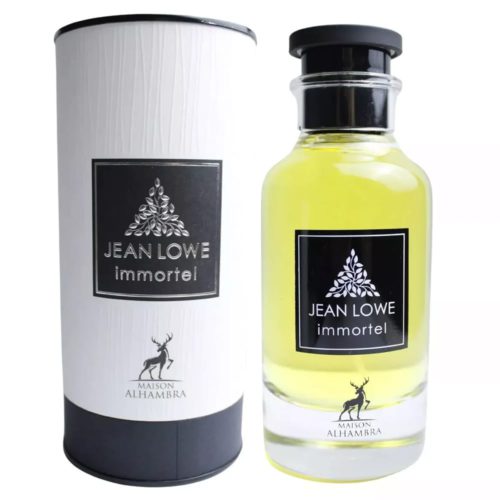 Jean Lowe Immortel Eau de Parfum for Men by Maison Alhambra, 100ml bottle with a black cap and label, featuring a transparent design and yellow fragrance liquid, placed beside a cylindrical matching box in white and black.