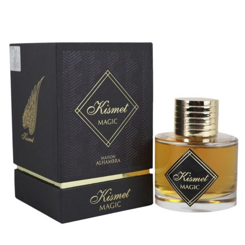 Kismet Magic Eau de Parfum by Maison Alhambra, featuring a round gold-capped bottle with amber liquid, displayed next to a luxurious black and gold box.