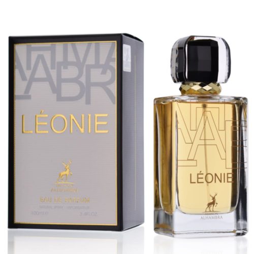 Léonie Eau de Parfum for Women by Maison Alhambra, 100ml bottle with a sleek rectangular shape and golden liquid, adorned with a black and gold cap, displayed next to a gray and black box with gold lettering.