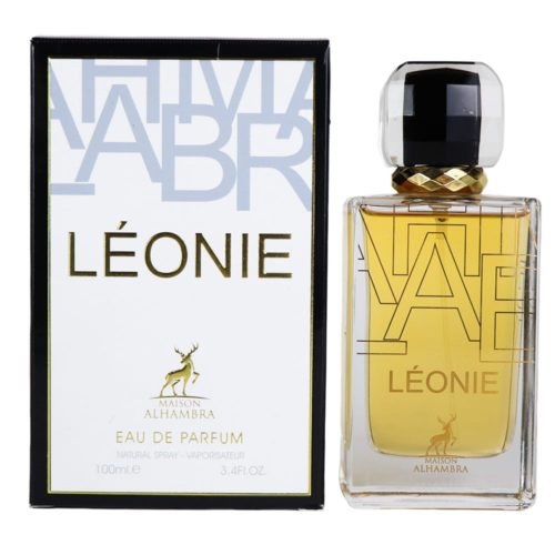 A rectangular clear perfume bottle filled with golden liquid, topped with a faceted black and gold cap, paired with white and black packaging labeled "Léonie."
