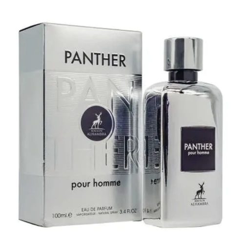 Panther Eau de Parfum for Men by Maison Alhambra, 100ml bottle in a sleek silver finish with a matching metallic box. The bottle features the Panther logo and the 'pour homme' label in black text.