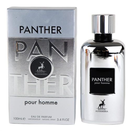 Panther Eau de Parfum by Maison Alhambra, featuring a sleek silver bottle with a black label, paired with a matching silver textured box.