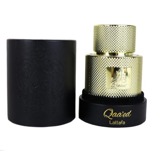 Qaa'ed Eau de Parfum by Lattafa, featuring a textured golden bottle with a matching embossed black cylindrical case.