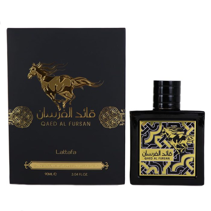 Qaed Al Fursan Eau de Parfum by Lattafa, featuring a black rectangular bottle with a golden horse design and matching black packaging with gold details.