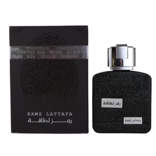 A matte black perfume bottle with embossed text designs and a silver cap, placed next to its matching black packaging labeled "Ramz Lattafa."