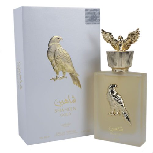 Shaheen Gold Eau de Parfum by Lattafa, 100ml bottle and packaging. The elegant white bottle features a gold falcon emblem and is displayed next to its matching white and gold packaging.
