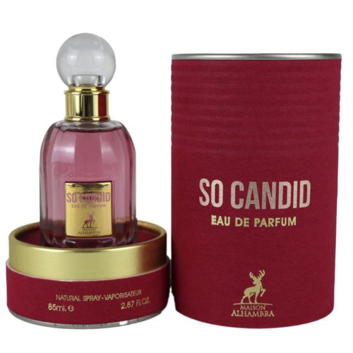 So Candid Eau de Parfum 85ml for Women by Maison Alhambra, displayed with a rounded stopper and alongside its red cylindrical packaging.