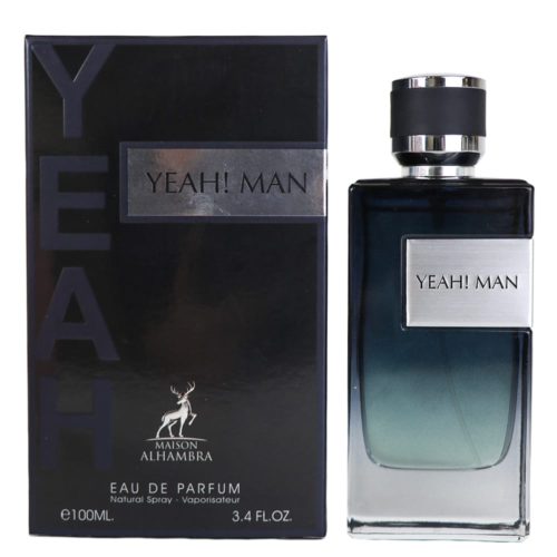 Yeah! Man Eau de Parfum by Maison Alhambra, presented with a sleek black-to-gray gradient bottle and matching box featuring bold typography.