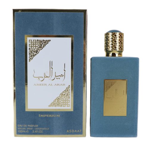 Ameer Al Arab Imperium Eau de Parfum by Asdaaf, featuring a 100ml blue velvet-textured perfume bottle with gold accents, alongside a matching blue and gold box.