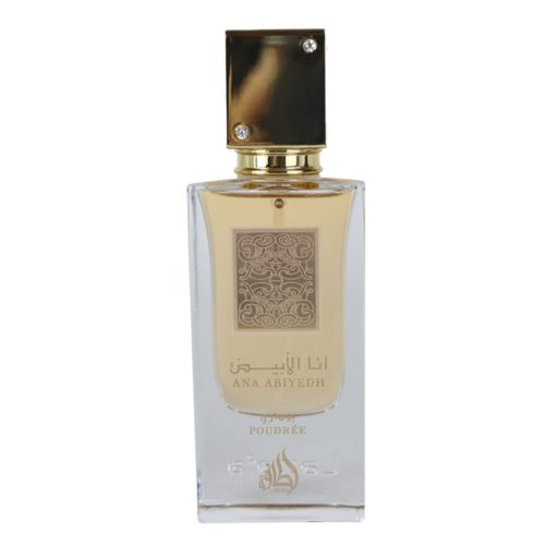 Lattafa Ana Abiyedh Leather Eau de Parfum bottle, transparent with a gold cap and ornate label.