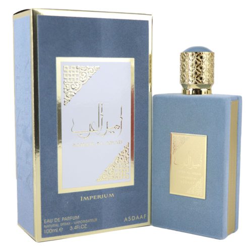 Ameer Al Arab Imperium Eau de Parfum by Asdaaf, 100 ml, soft blue textured bottle with gold detailing, displayed next to its matching box.