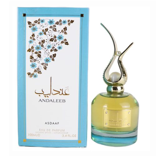 Andaleeb Eau de Parfum 100ml by Asdaaf, featuring an elegant blue and gold packaging with floral details. The perfume bottle has a unique curved gold cap with a pearl accent.