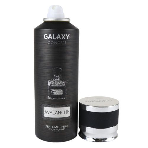 Avalanche perfume spray for men by Galaxy Concept, 200 ml can with an open cap, featuring a sleek black design with silver accents.