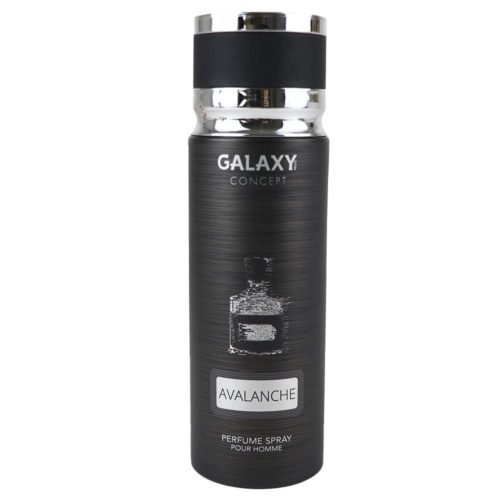Front view of Avalanche perfume spray for men by Galaxy Concept, 200 ml can with a modern black design and silver cap, emphasizing the brand and product name.