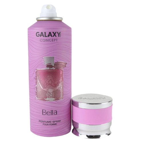 Bella perfume spray for women by Galaxy Concept, 200 ml can with a pink textured design and a perfume bottle illustration. The cap is placed beside the can.