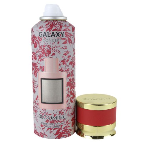 looming perfume spray for women by Galaxy Concept, 200 ml can with a floral red and white design, featuring a perfume bottle illustration. The gold and red cap is placed beside the can.