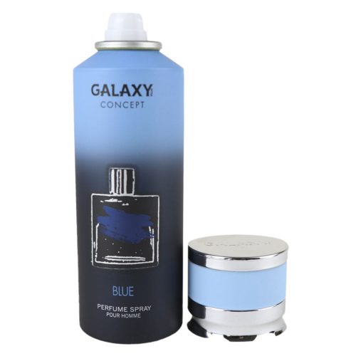 Galaxy Concept Blue perfume spray for men, with the cap removed to reveal the nozzle, 200 ml can, featuring a gradient blue design.