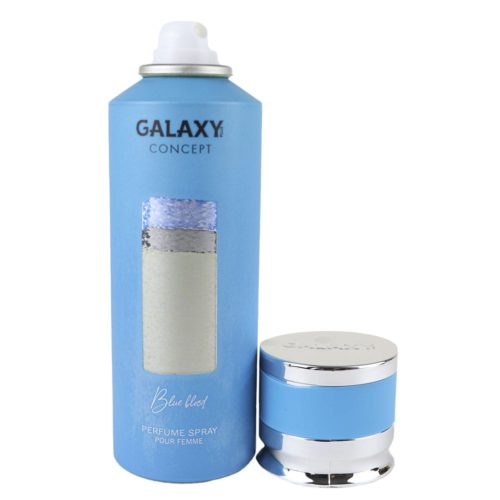Galaxy Concept Blue Blood perfume spray for women, 200 ml can, with the cap removed, showing the spray nozzle. The bottle features a soft blue design.