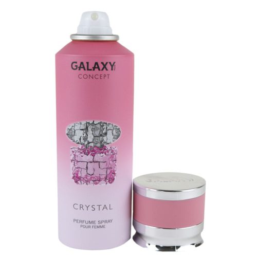 Crystal perfume spray for women by Galaxy Concept, 200 ml can with a pink gradient design and a crystal-like illustration on the label. The cap is placed beside the can.