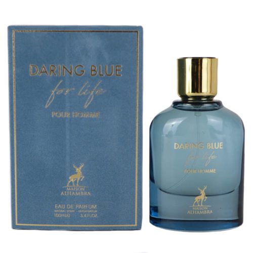Bottle of Daring Blue for Life Pour Homme Eau de Parfum, 100ml, by Maison Alhambra, with a sleek blue glass design and gold cap, displayed next to its matching blue box.