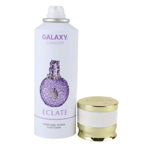 Galaxy Concept Eclate perfume spray for women, 200 ml can, with the cap removed, revealing the spray nozzle. The bottle has a white and purple design.