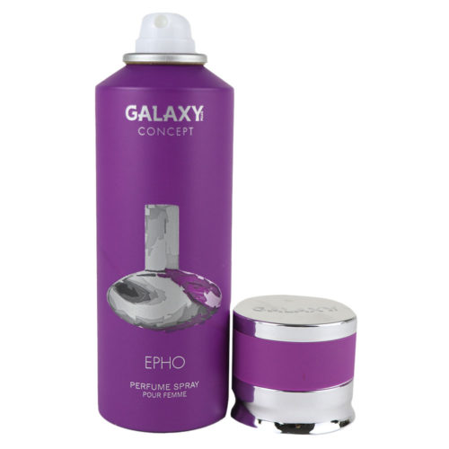 Galaxy Concept Epho perfume spray for women, 200 ml can, with the cap removed, showing the spray nozzle. The bottle has a vibrant purple theme.